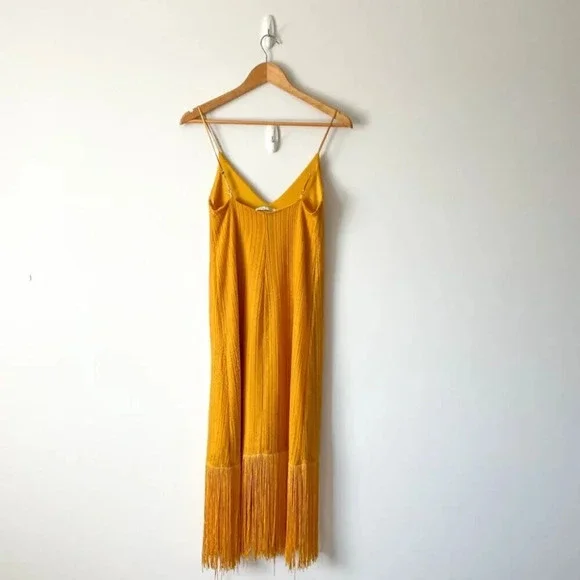 Zara Fringe Hem Midi Dress Marigold  Mustard Yellow Size Small - Picture 8 of 10